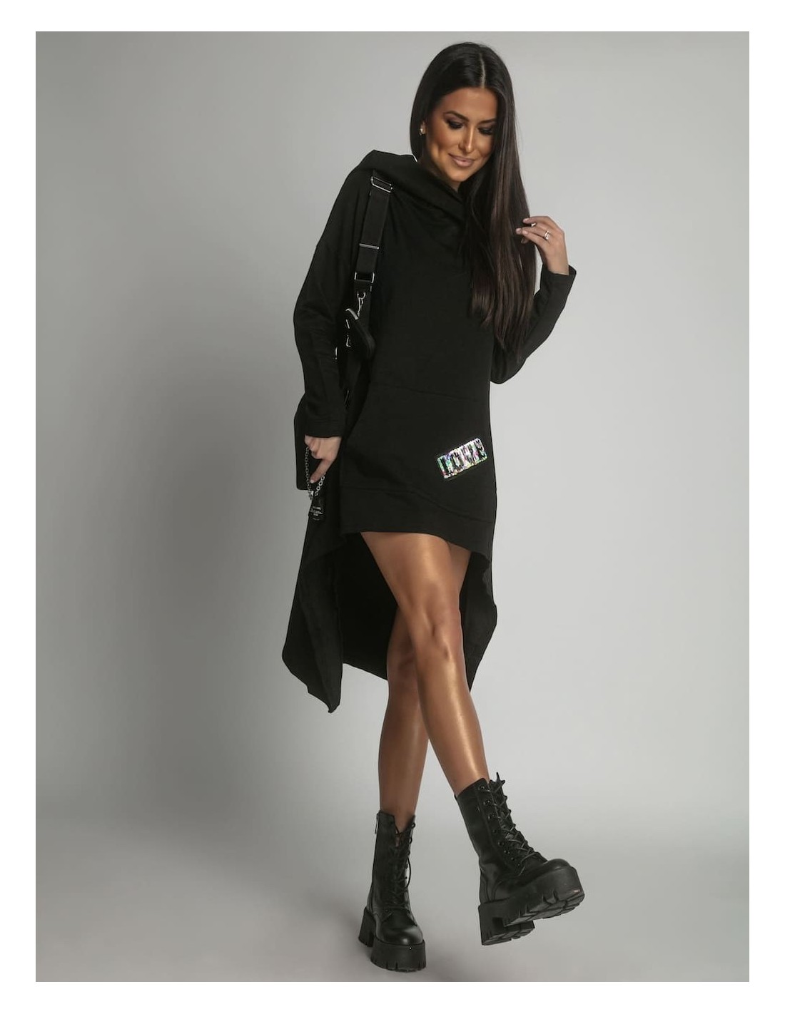 Asymmetric tunic with oversize hood, black FI589 - Online store - Boutique